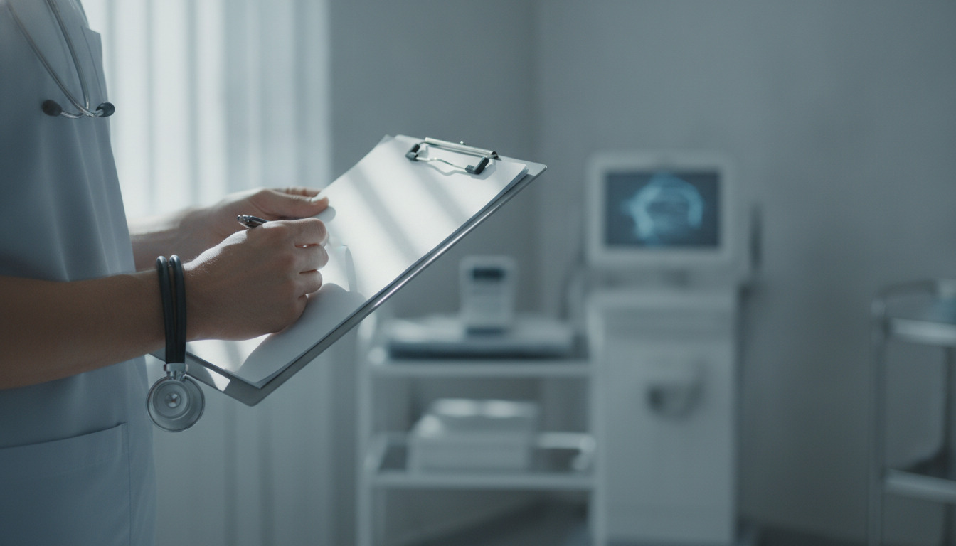Læges hænder holder clipboard med notater, stetoskop omkring halsen, smukt naturlys fra vindue, uskarpt medicinskt udstyr i baggrund.