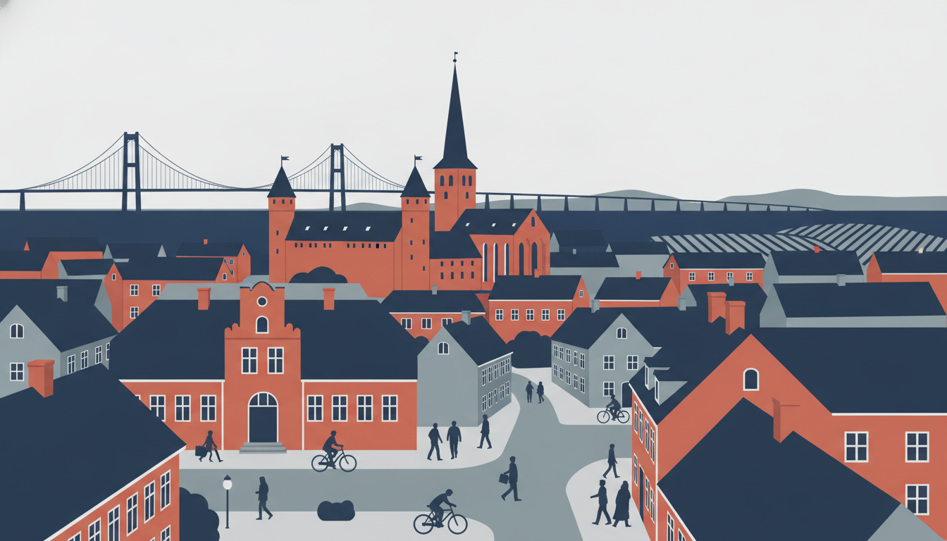 Illustration af Nyborg ved Storebælt med Nyborg Slot, Nyborg Station og Nyborg Kirke blandt historiske bygninger.