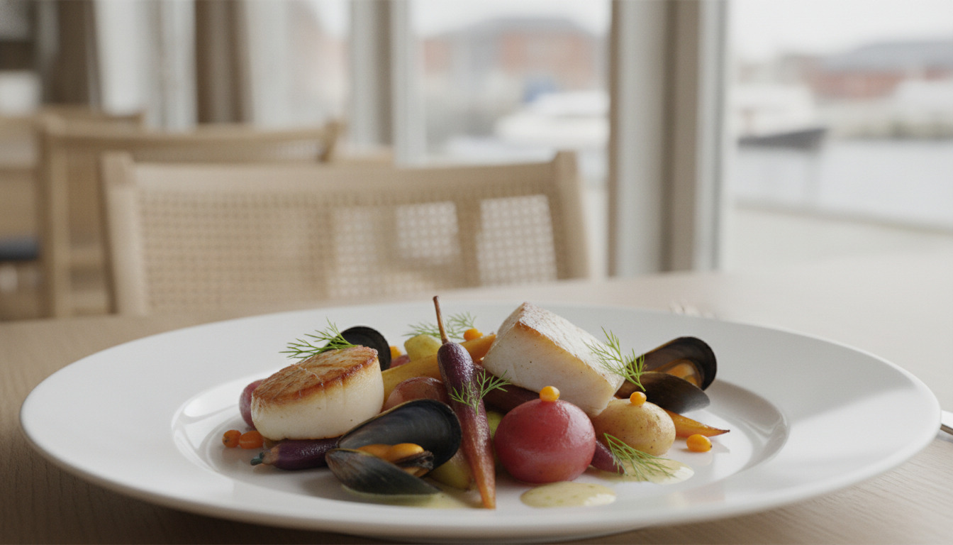 Nordisk anrettet ret med scampi, muslinger, rødbede og grøntsager på hvid tallerken med naturligt lys.