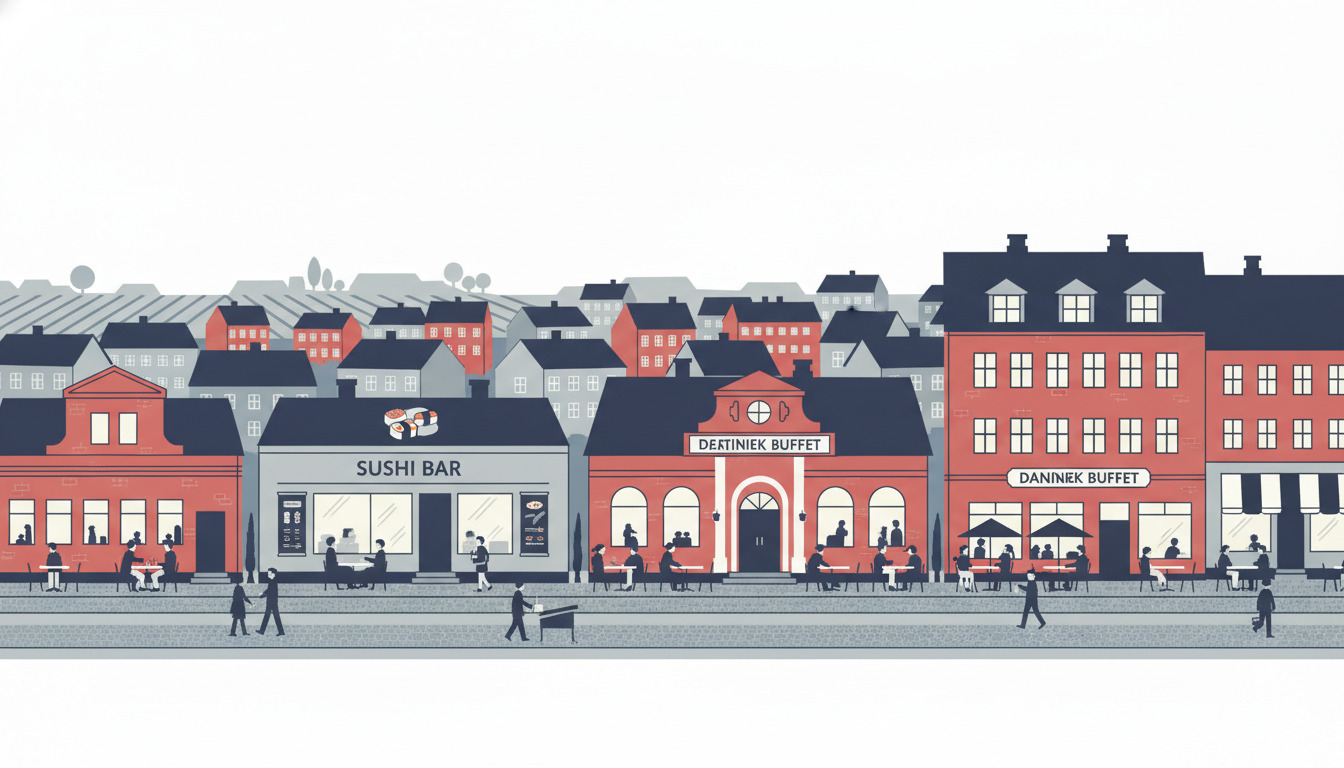 Farvefuld gadescene i Kalundborg med restauranter, sushi bar og buffet-etablissementer med skandinavisk arkitektur, mennesker på gaden og udeservering.