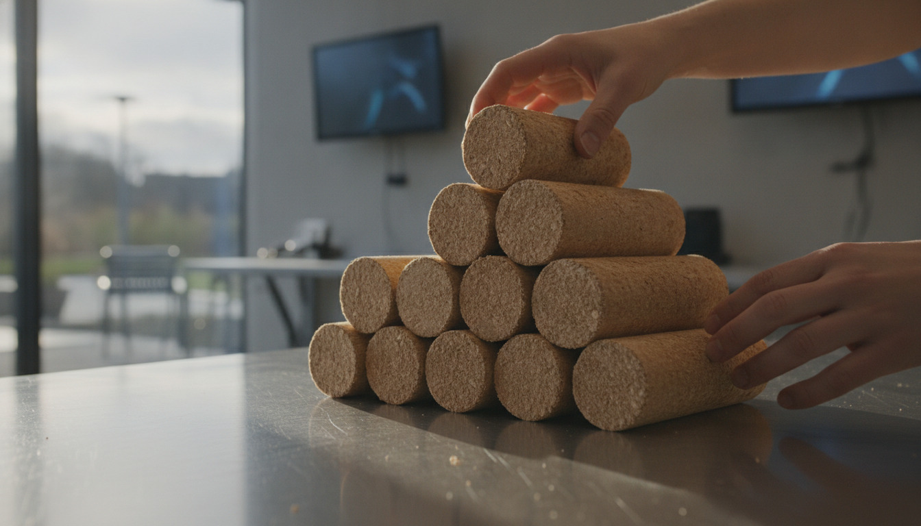 Træbriketter stablet på arbejdsbord med hænder, der arrangerer det naturligt træ biomasse-materiale.