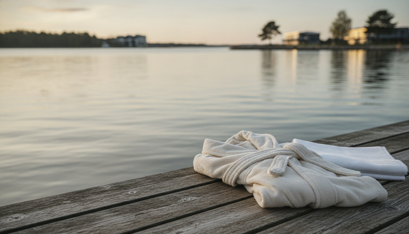 Hvid spa-handskor på træ-dølpladser ved stille vandoverflade, gyldent lys ved solopgang.