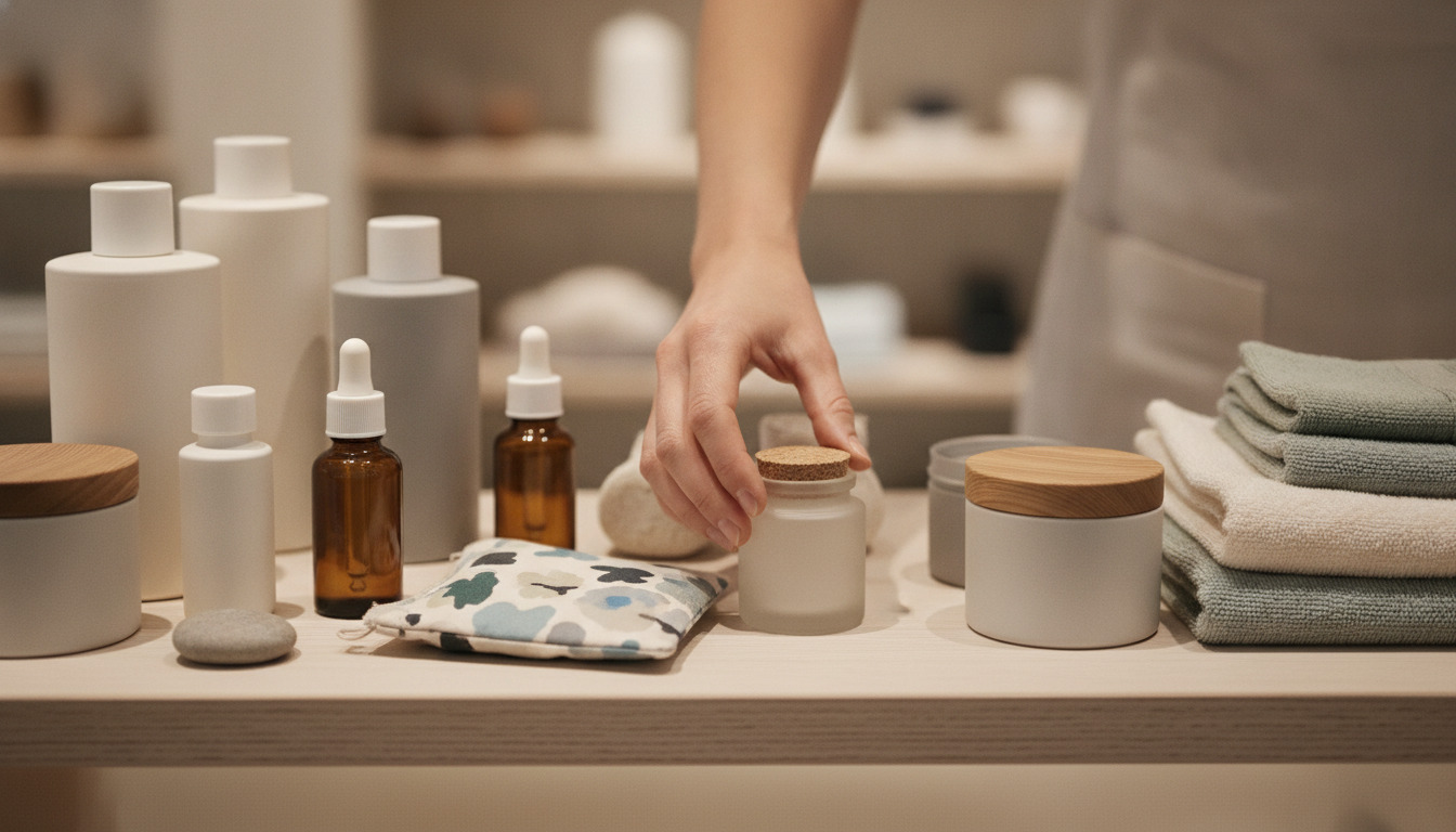 Hånd griber efter kosmetikprodukt blandt forskellige hudpleje- og wellness-artikler på hylder med neutral belysning.