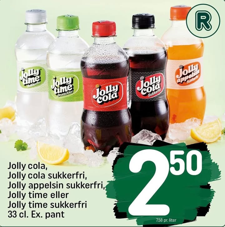 Rema 1000 Nykøbing Mors annoncerer tilbud på Jolly sodavand