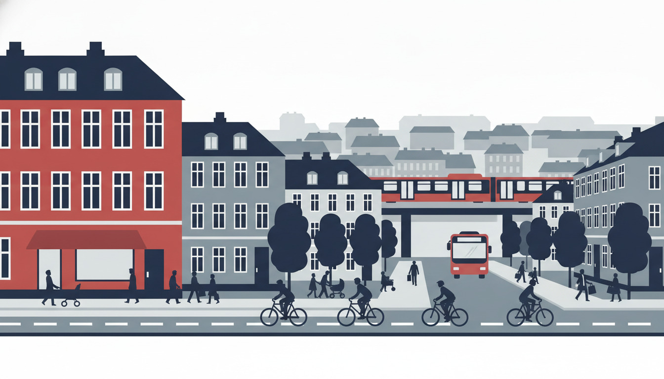 Frederiksberg gadebillede med cyklister på dedikeret cykelsti, gående mennesker, rød bus, eleveret metro/S-tog, karakteristiske lave beboelsesbygninger og grønne træer, der viser integreret byTransport.
