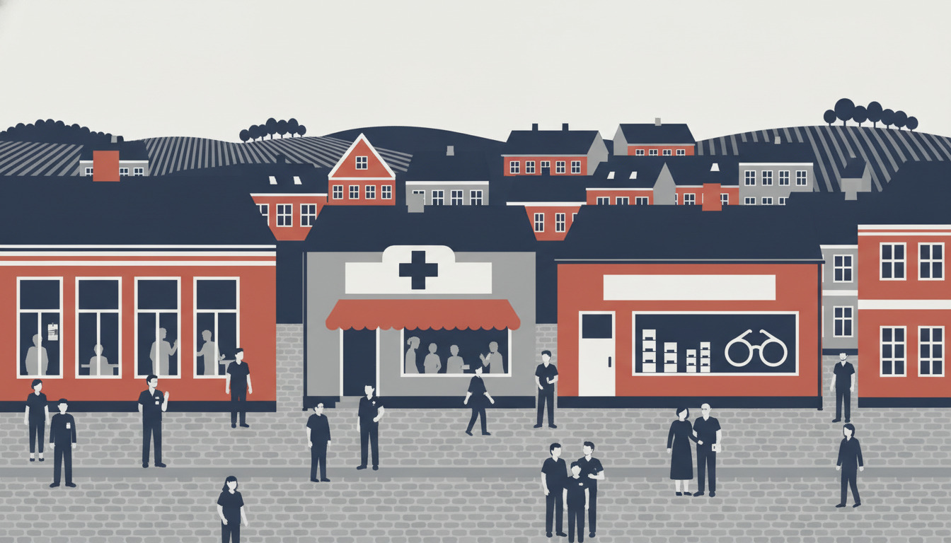 Fladt vektorgrafik af dansk bys gade med medicinsk klinik, apotek (marineblåt kors) og cykelbutik facader. Beboere og fagfolk på pladsen. Rød-mursten og grå bygninger med mørke tage ligger langs en fodgængerpladsen.