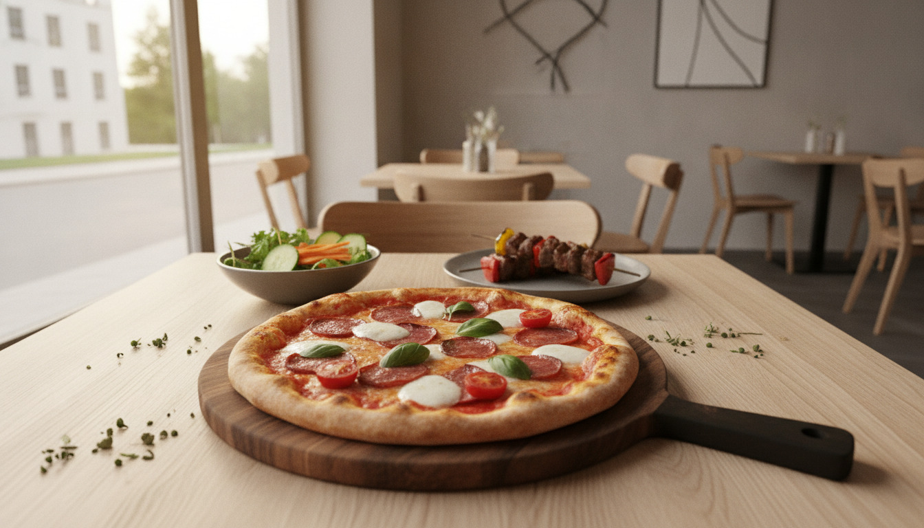 Frisk pizza med mozzarella og topping på træplade, sammen med grilleret kødspyd og frisk salatskål på træbord.