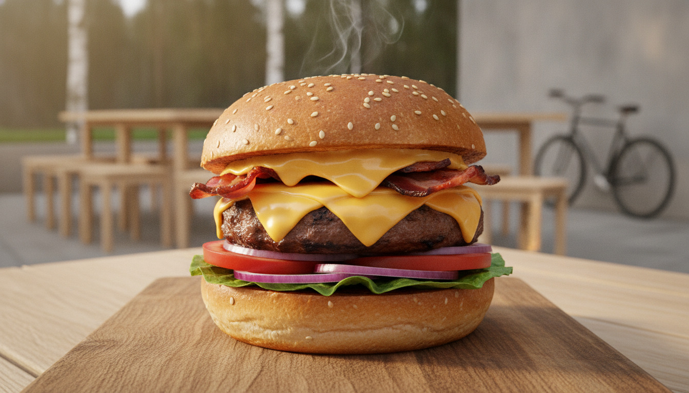Tæt optagelse af en burger med smeltende ost, bacon og friske toppings på trætavle med varmt lys.
