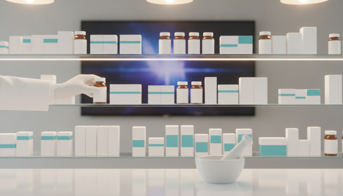 Apotek-hylder med medicinflaske og æsker. En farmaceut rækker efter en beholder, mørtel og støder i forgrunden.