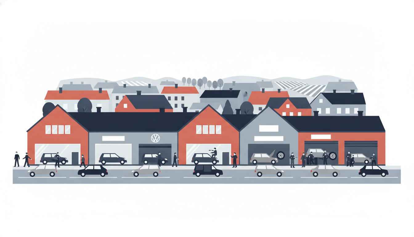 En travl automobilservice-gade i Kalundborg med flere bilforhandlinger og værksteder side om side. Udstillingsvinduerne viser biler og SUV'er, mens værkstederne er fyldt med mekanikere på arbejde.