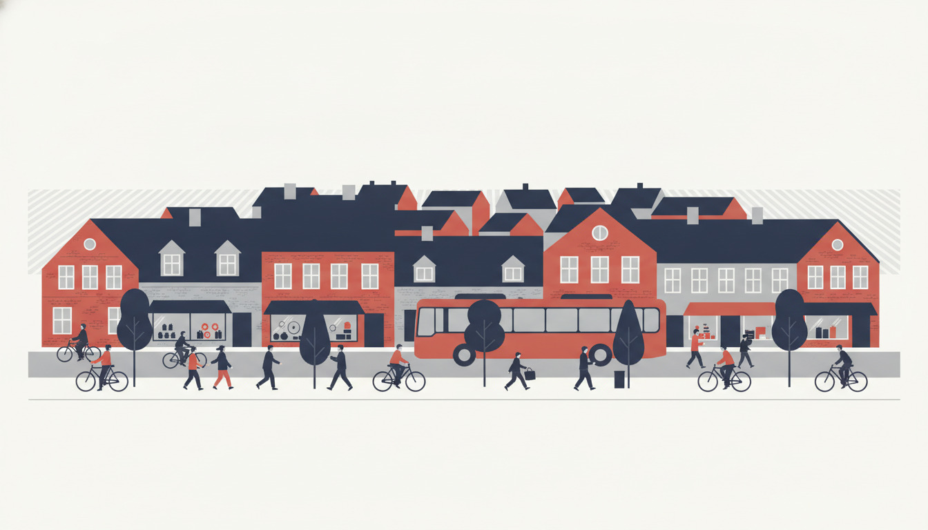 Flad vektor-illustration af dansk bystræde med røde mursten-huse, butiksfacader, en rød bus, cyklister og fodgængere på en træbeplanttet gade, der repræsenterer Rask Mølle's daglige transport og bevægelse.