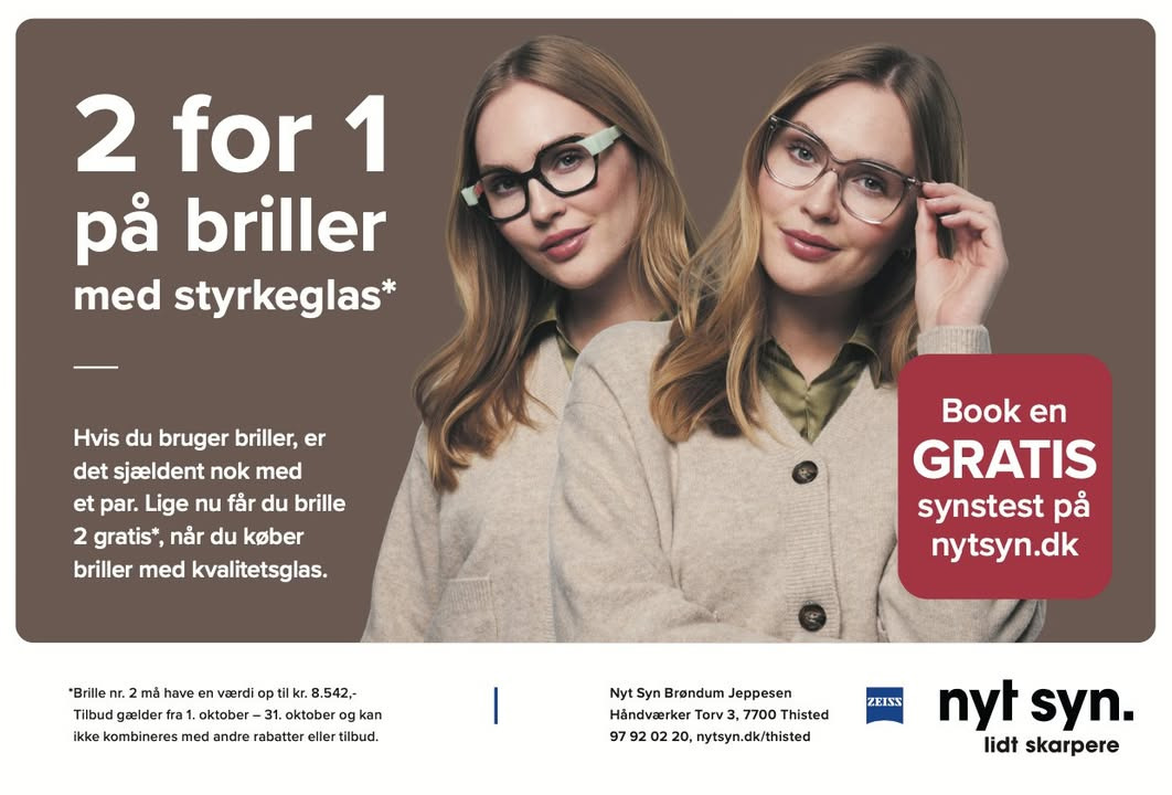 Nyt Syn Brøndum Jeppesen tilbyder 2-for-1 på briller i oktober