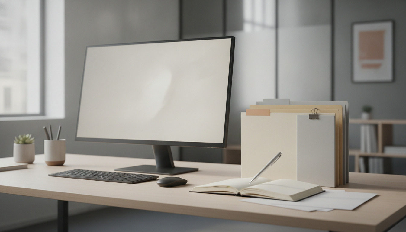 Moderne kontorskrivebord med computermonitor, tastatur, åbne notesbog, stapel mapper og dokumenter i neutrale farver.