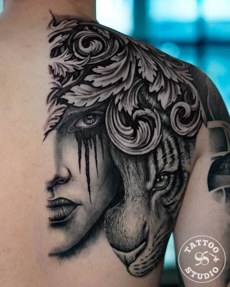 Tattoo Studio 96 Aarhus viser Kolas Black & Grey-komposition til ryg og skulder