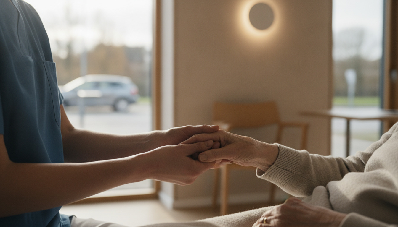 Nærbillede af to hænder — en plejer holder ømt på en ældre patients hånd i varmt, blødt naturligt lys.