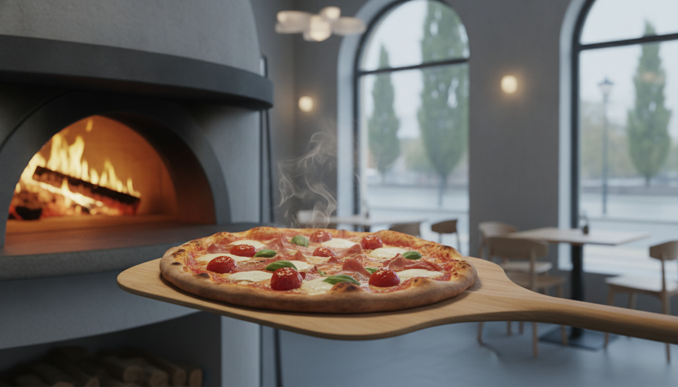 Nybagte pizza med ost og toppings på træplade foran vedovn med gløder.