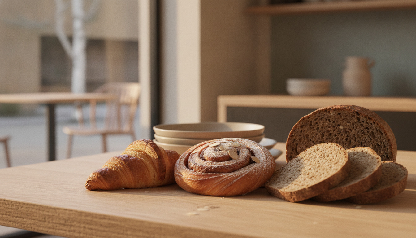 Nybagt dansk kagekombination med croissant, kanelsngl og rugbrødskiver på træplade i varmt lys.