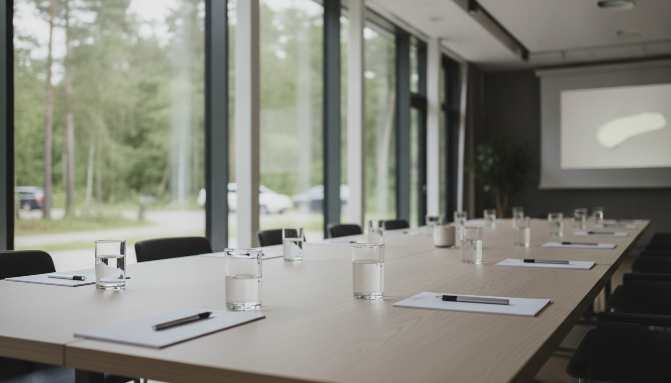 Konferencebord med notesblokkke, penne og vandglas sat op til møde.