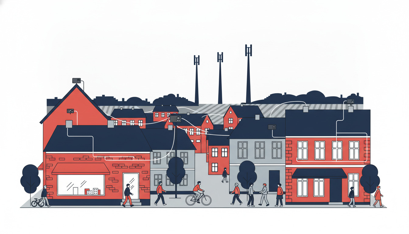 Bysbillede fra Fjerritslev med røde murstenshuse, fiberoptiske kabler og netværksledninger synlige på tage, tre høje 5G-kommunikationstårne i baggrunden, og beboere med cykler på gaden.