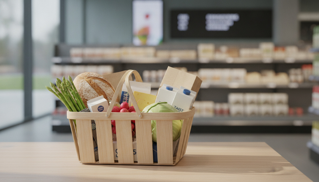 En træ-indkøbskurv fyldt med ferskvarer, brød, grønt og mejeriprodukter på en træbord.