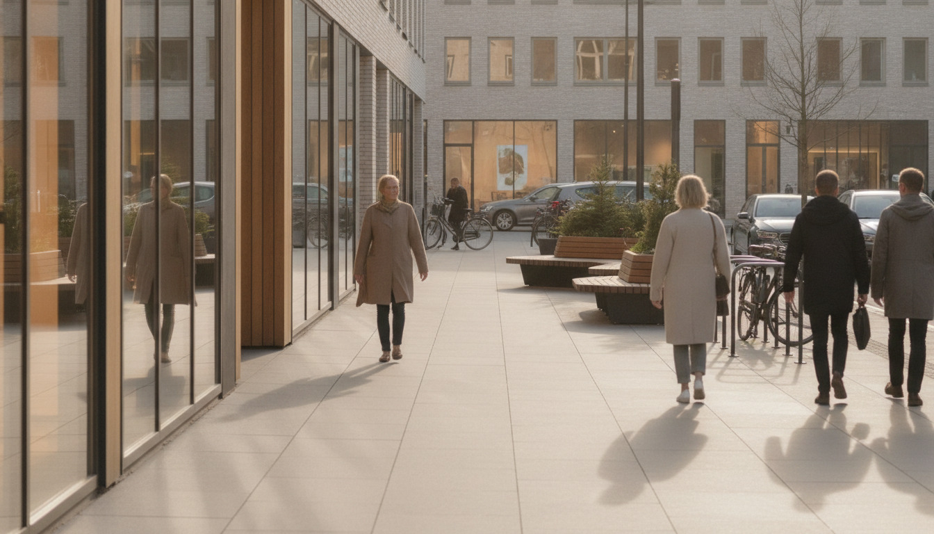 Bred gadegangsscene med fodgængere, moderne butiksfacader, cykler og bydetaljer i nordisk lys.