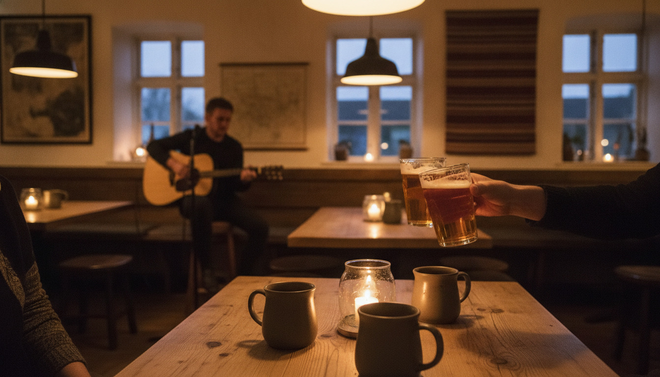 Træbord med tændte lys, ølglas og keramikkrus i varmt lampelys; musikant med guitar sløret i baggrund.