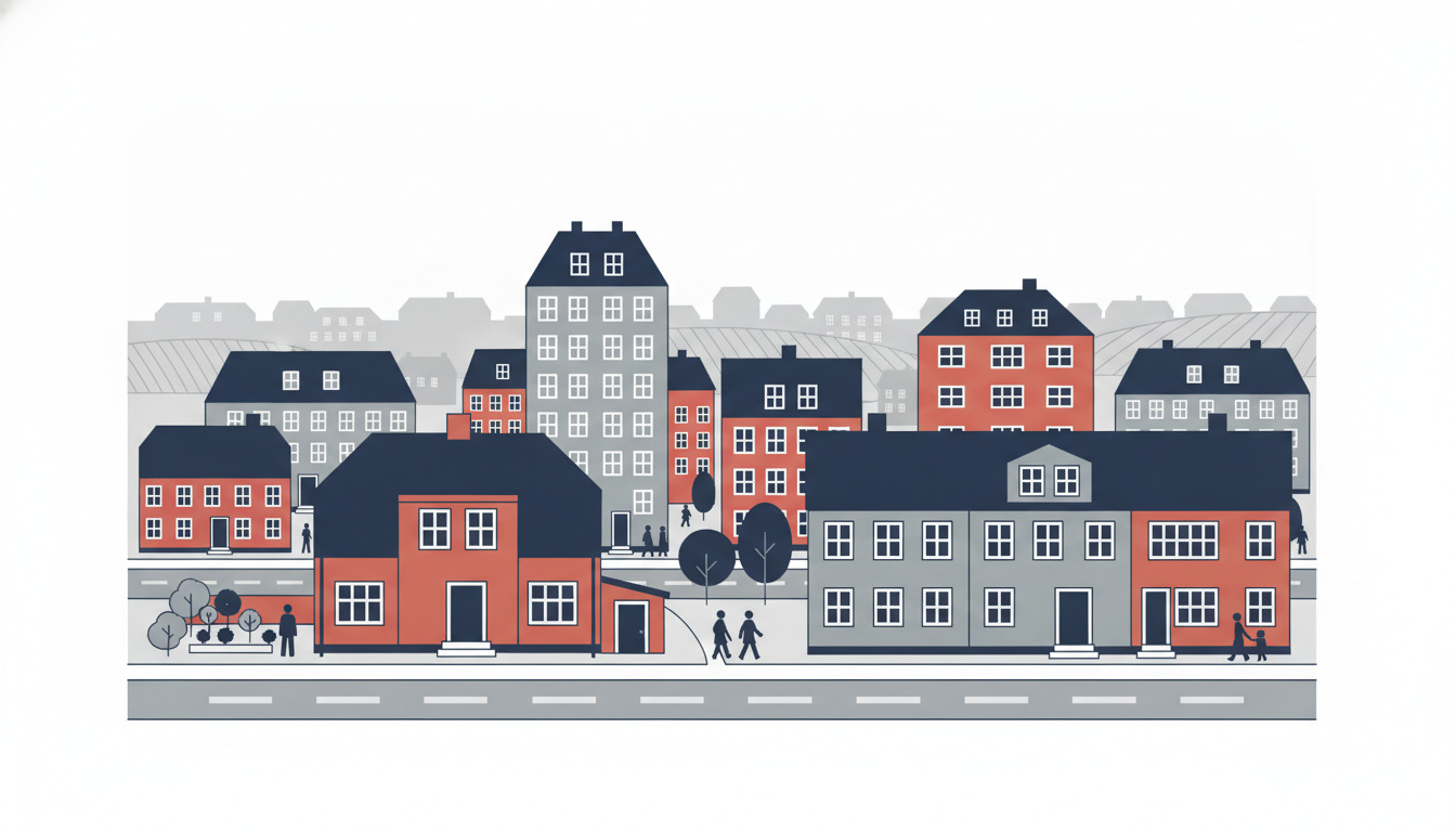 Boligmarked i Sønderborg: Flat-vector illustration af beboelsesgade med villa, rækkehuse og lejligheder, fra enfamiliehjem til bymidte-byggeri, med danske tage og fredelig kvarterat.