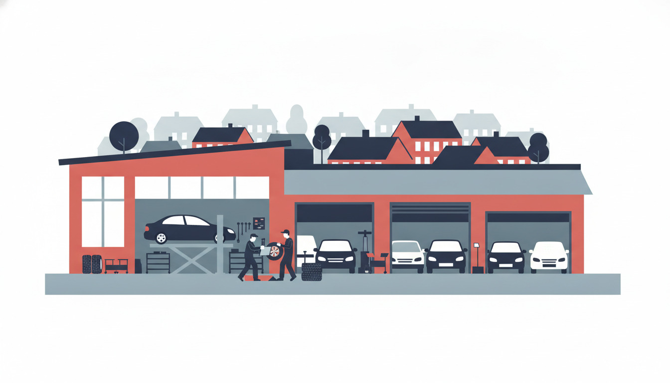 Automekanikerværksted med mekanikere, der servicerer biler i et rødt murstensgarage med flere værktøjsbaner, lifter og udstyr, danske boligtagsformer synlige bagved.