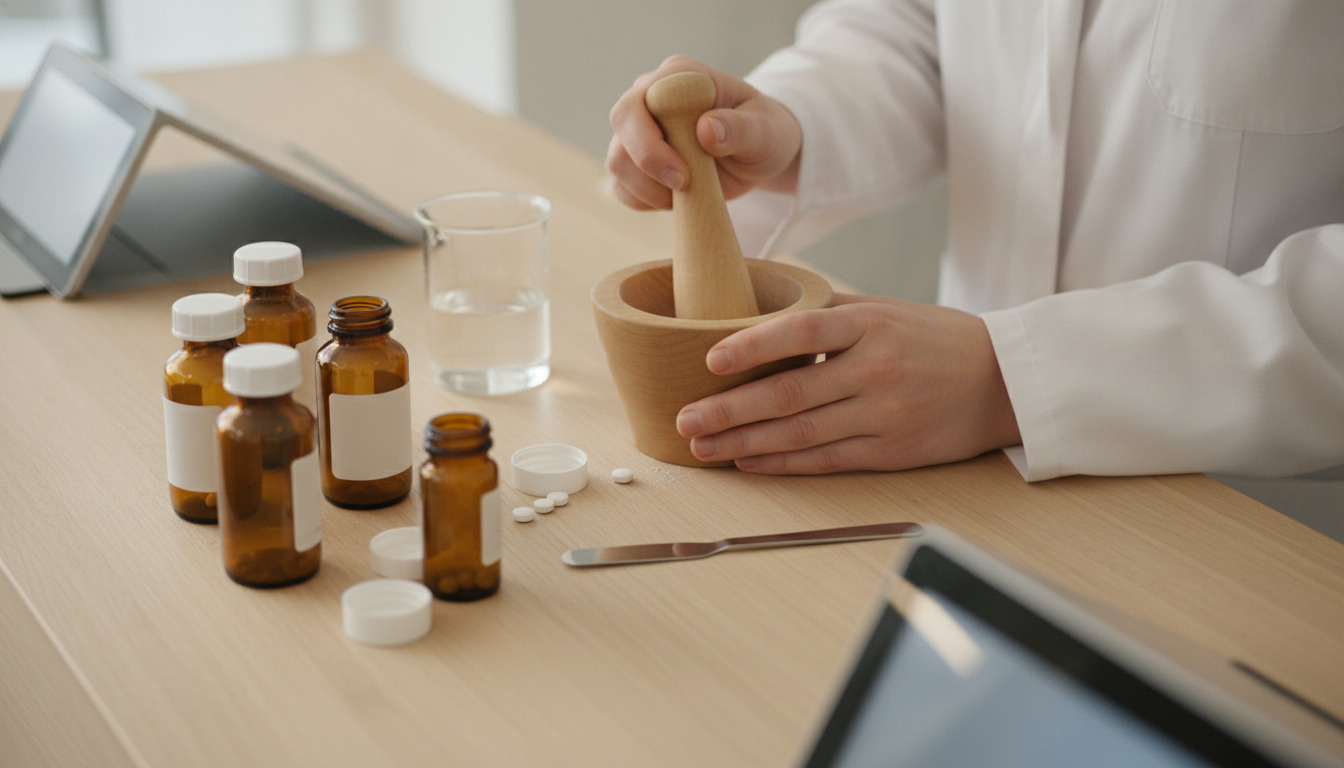 Farmaceut i hvid kittel blander medicin med morter og stamper ved bord med medicinflaske og tabletter.