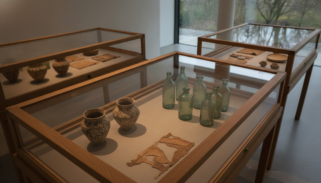 Museumsdisplay med keramik og glaskrukker belyst af blidt museumslyls.