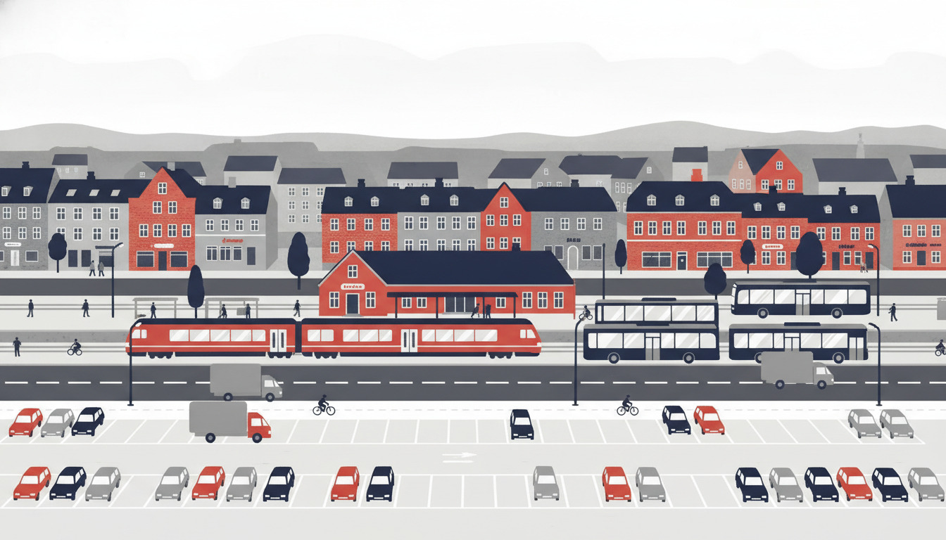 Flad vektorillustration af Børkop transportknutepunkt: rød regionaltog, der afgår fra perroner, busser parkeret i nærheden, cyklister på dedikerede stier, parkerede biler i forgrunden og fodgængere på et livligt torv med karakteristisk skandinavisk arkitektur.