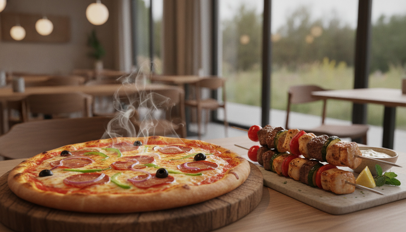 Friskbagt pizza med ost og tilbehør på træbræt ved siden af grillet kebab på spid med grøntsager.