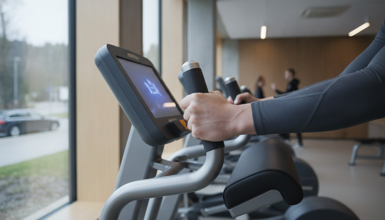 Træningsudstyr i et fitness center – hånd på maskinehandtag med skærm i fokus.