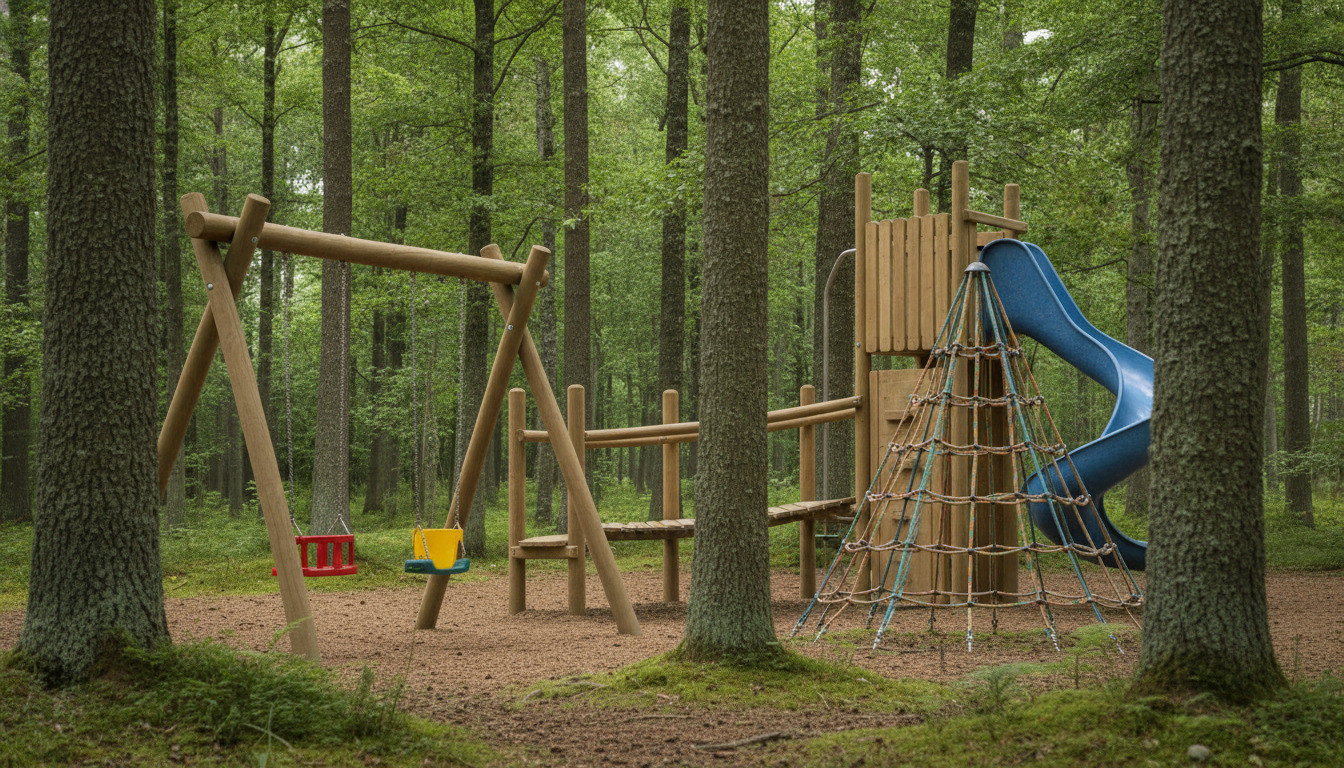 Legeredskaber blandt træer i skov – gynger, klatrenet og rutsjebane blandt grønne stammer.