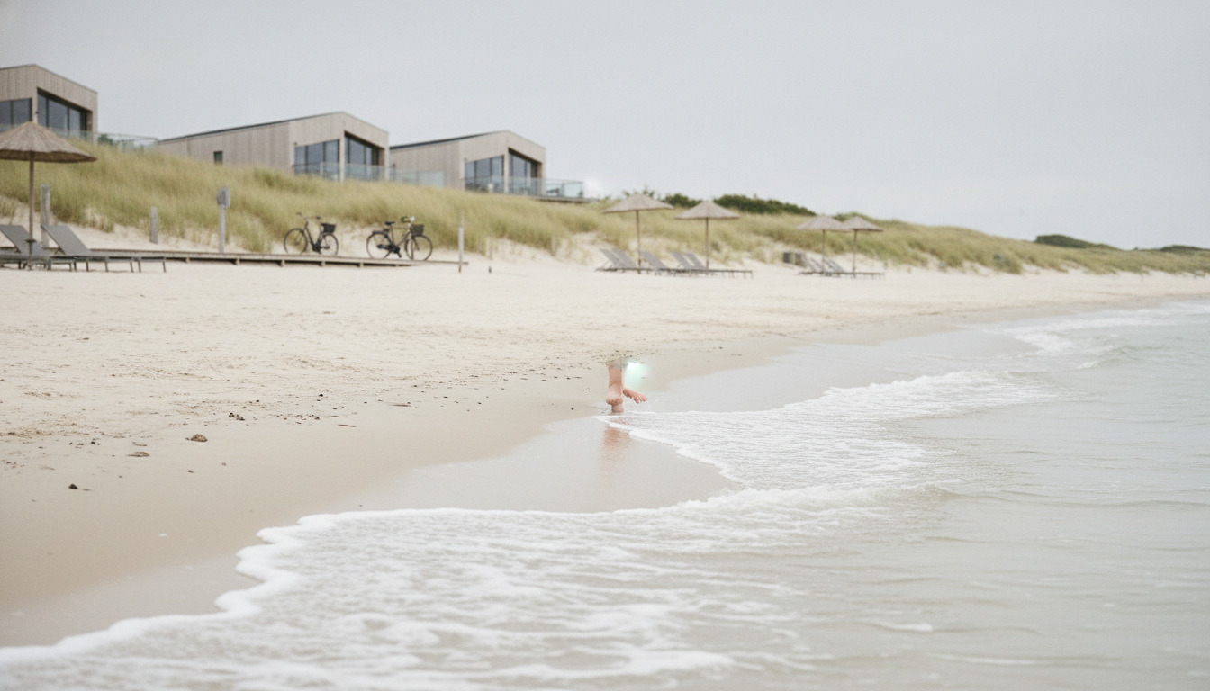 Barn skvulper i det lave, lyse vand ved en dansk sandstrand på en grå dag.