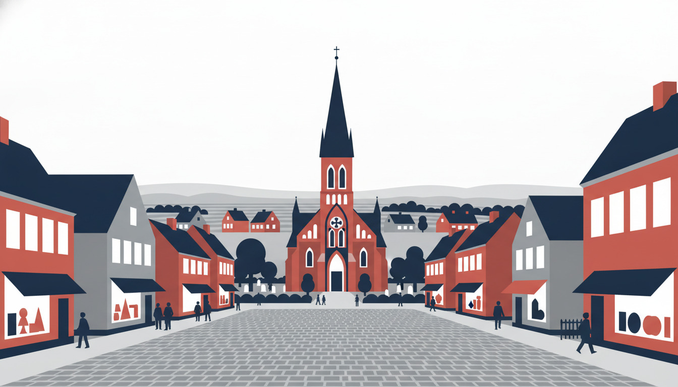 Flad vektorillustration af Bordings byplads, centreret omkring en neogotisk kirke med høj mørk spir, rødt murstensværk, spidsbuede vinduer og ornamentale detaljer, flankeret af periode danske byhuse i rødt og gråt med mørke tage.