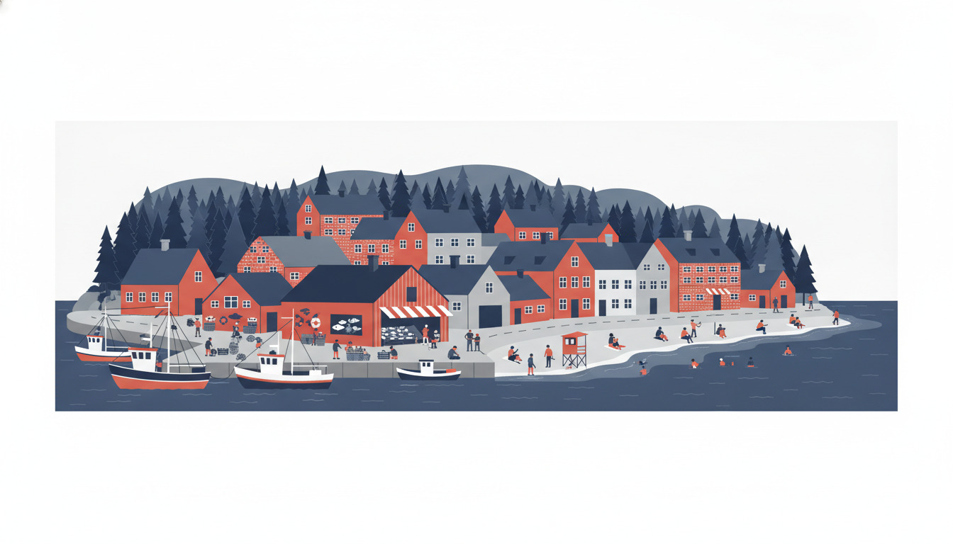 Flad vektorillustration af kystbyen Espergærde: fiskebåde og havneaktivitet ved vandkanten, sandig strand med besøgende, røde mursten-bygninger og skovbevokset bakkedrag i baggrunden.