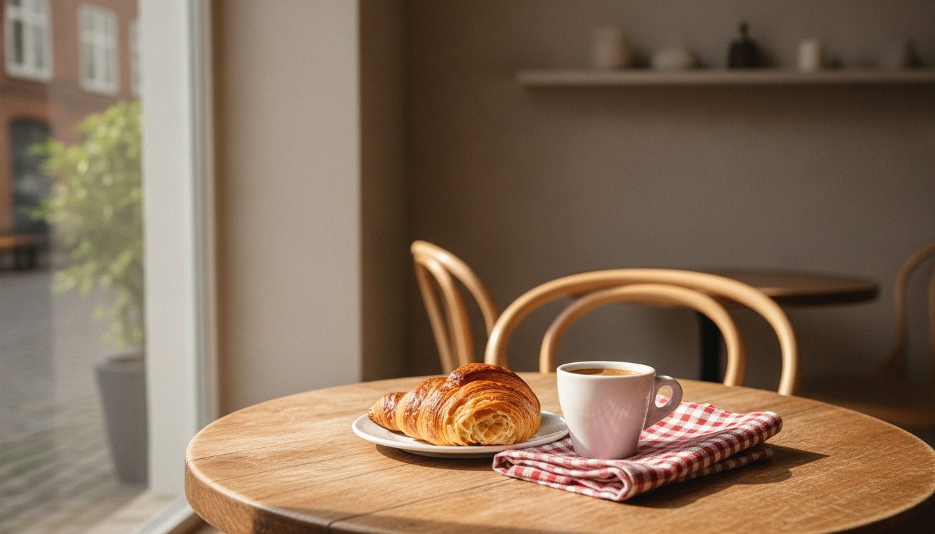 Tæt optagelse af kaffe og croissant på træbord med rødternet serviette i dagsvalgt nordisk lys.