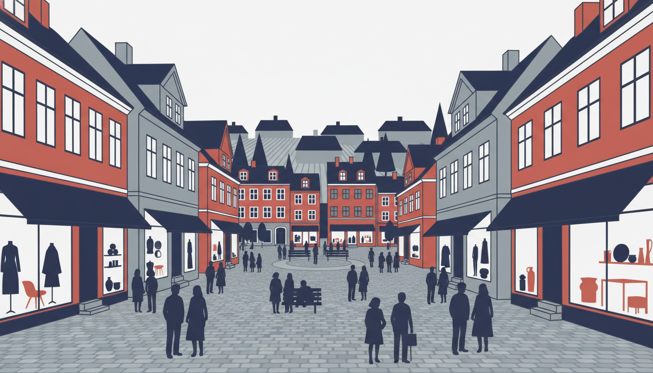 En hyggelig gågade i Ringkøbing med røde og grå ældre huse, butiksudstillingsvinduer, brosten og mennesker på torvet.