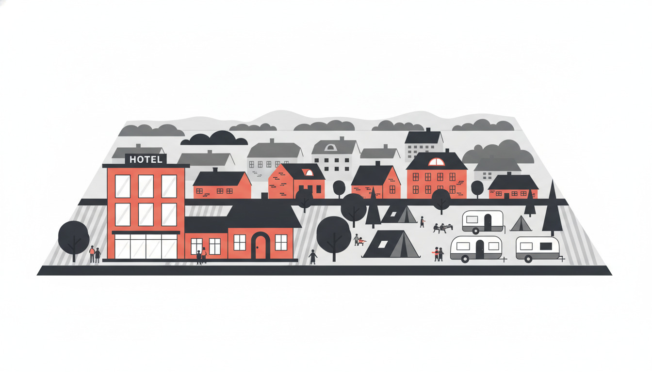 Fladt illustration af Børkop overnatningsudbud: rødt hotel med "HOTEL"-skilt, røde B&B-huse, campingplads med telte og caravaner blandt træer, bakket landskab i baggrund.