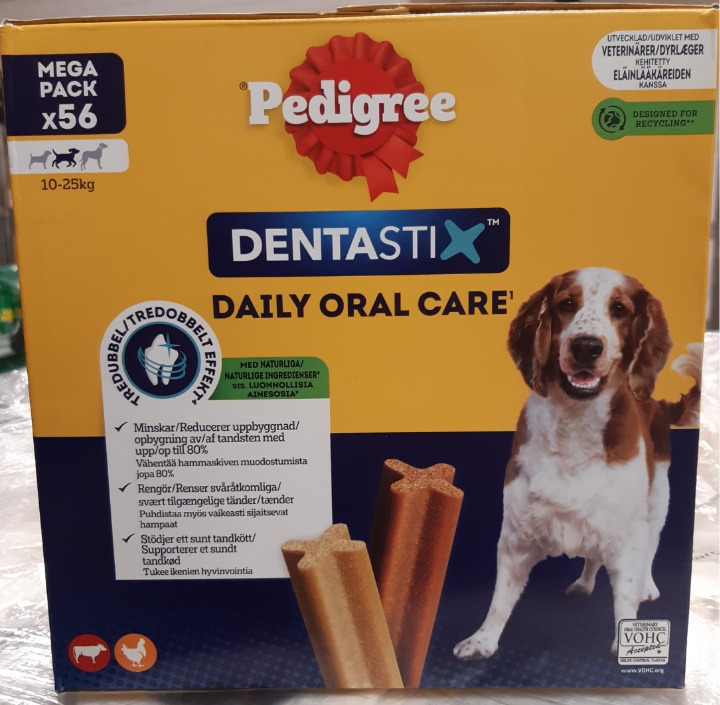 Meny Randers tilbyder kasse med 56 Dentastix for 100 kr.