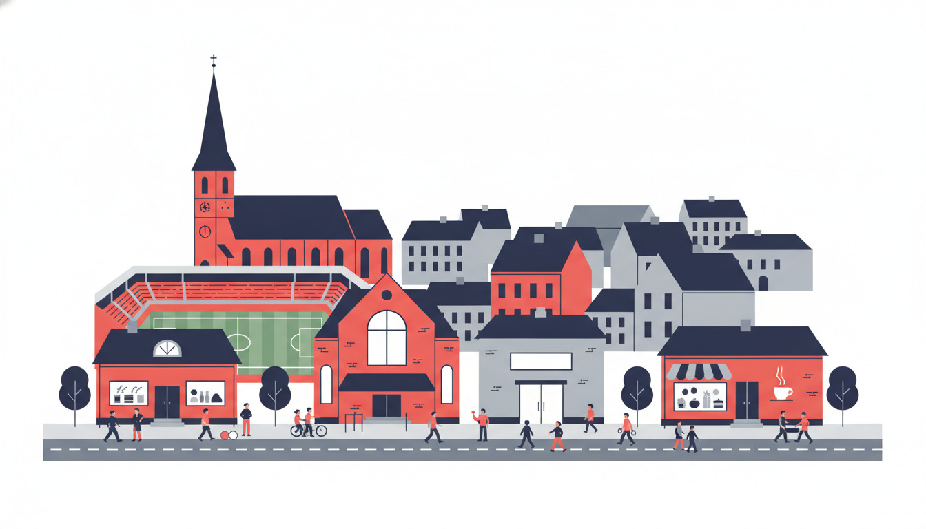 Haderslev-byscenen viser kulturelt liv: middelalderkirke med spir, stadion, røde kulturhuse, gråstensbyggeri og mennesker, der deltager i aktiviteter.