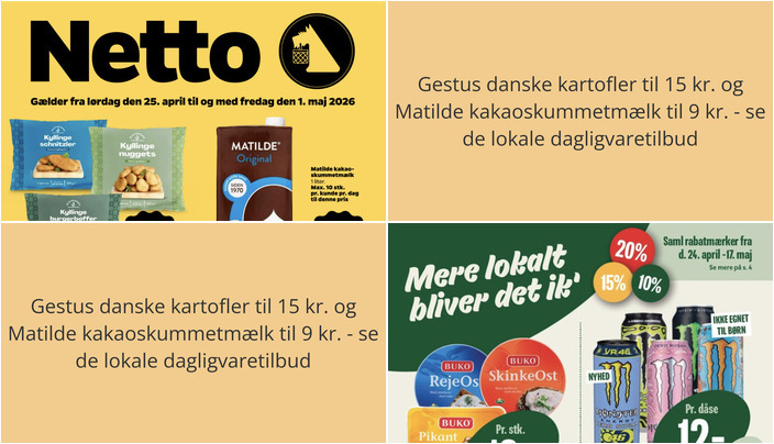 Gestus danske kartofler til 15 kr. og Matilde kakaoskummetmælk til 9 kr. - se de lokale dagligvaretilbud