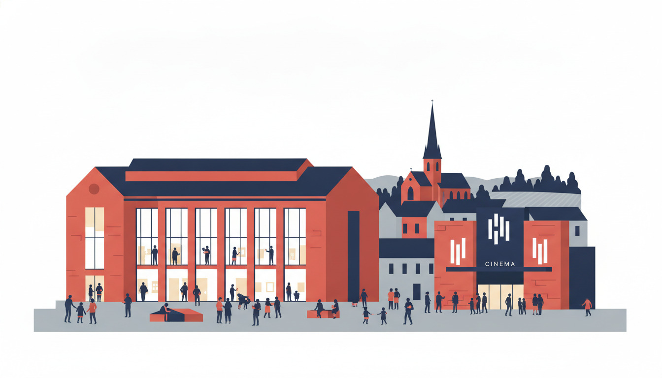Brønderslev kulturhub: rødt bibliotek med store vinduer, biograf med "CINEMA"-skilt, kirke med spir i baggrunden, mennesker samlet på pladsen foran.