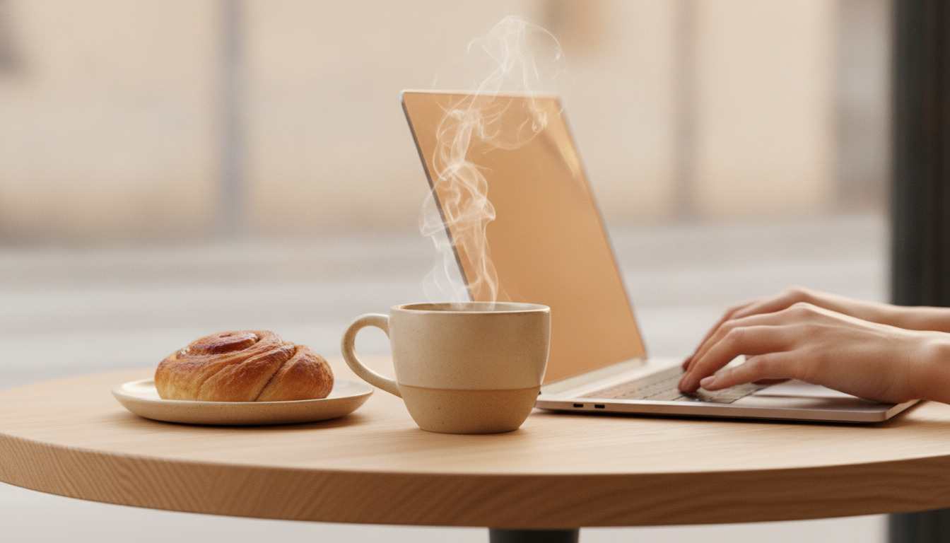 Tæt billede af en dampende kaffekop på træbord med croissant på tallerken og hænder ved bærbar computer i nordisk dagslys.