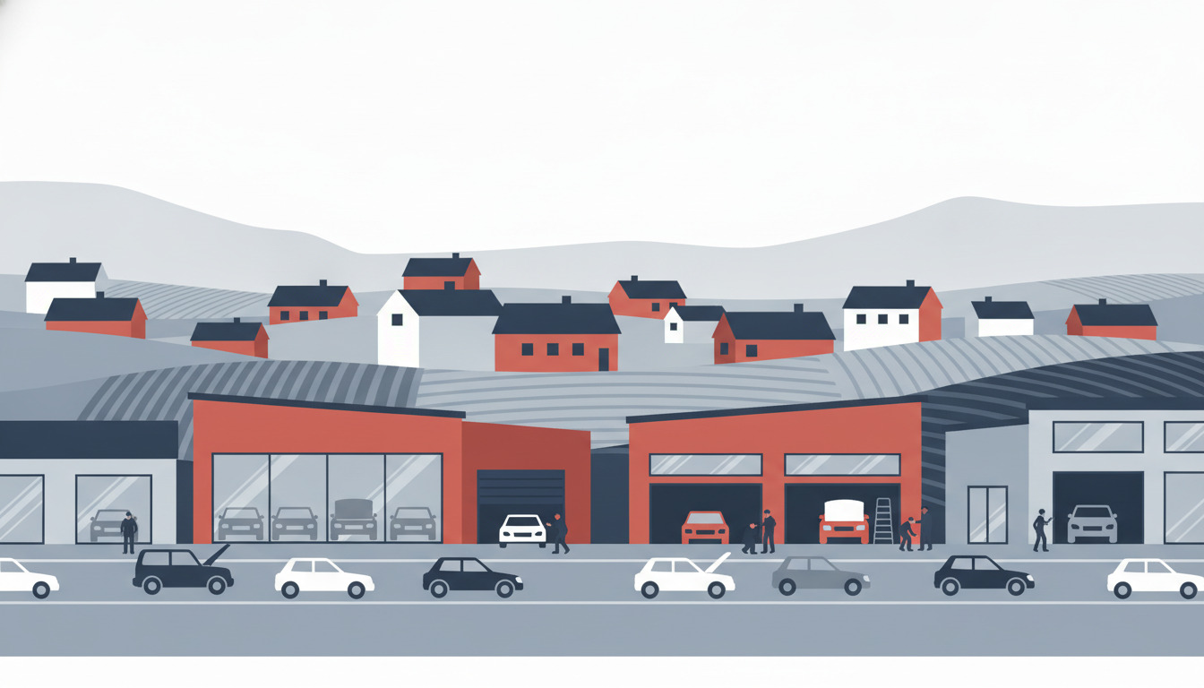 Flad vektorillustration af et travlt automotivsserviceområde med bilforhandlere og værksteder, der viser store-vinduer-bygninger i rød og mørke toner, parkerede og udstillede biler, og et fjordby-landskab med røde tag-huse i baggrunden.