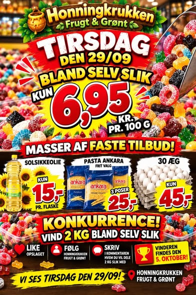 Honning-krukken har bland selv slik til 6,95 kr. pr. 100 g på tirsdag