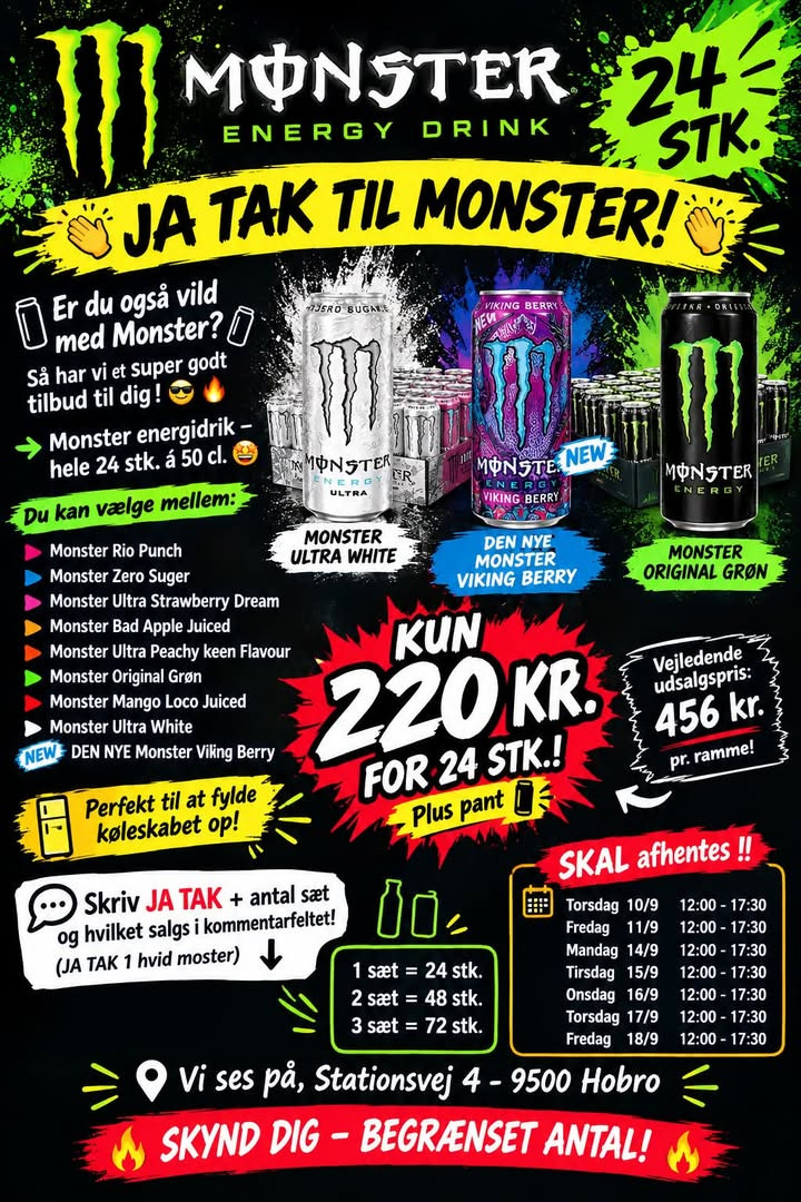 Actionshoppen ApS tilbyder 24 Monster energidrikke for 220 kr. plus pant