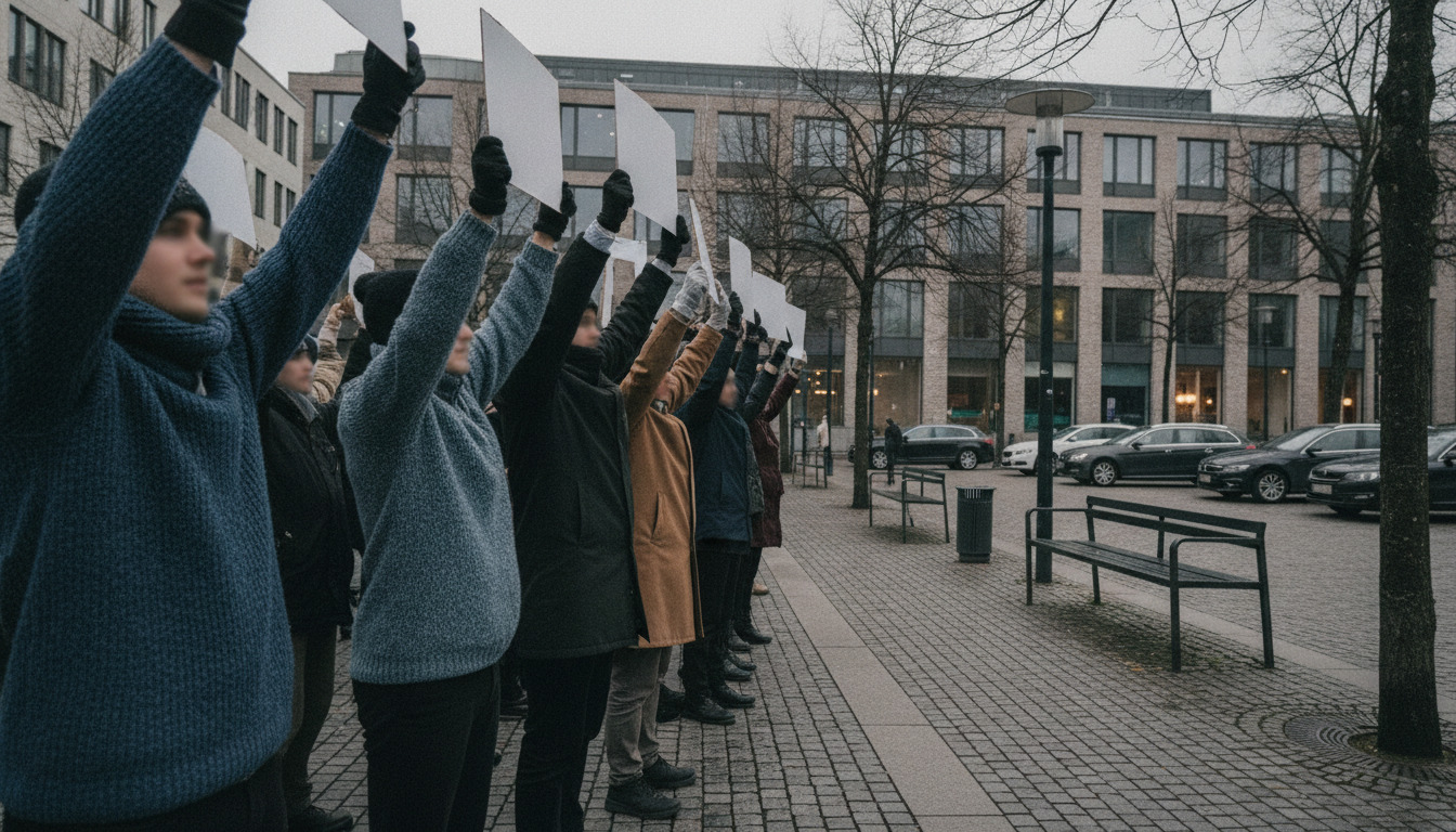 Gruppe af mennesker holder bannere højt op i luften på en grå dag — tæt optagelse af arme og plakater uden ansigter synlige.
