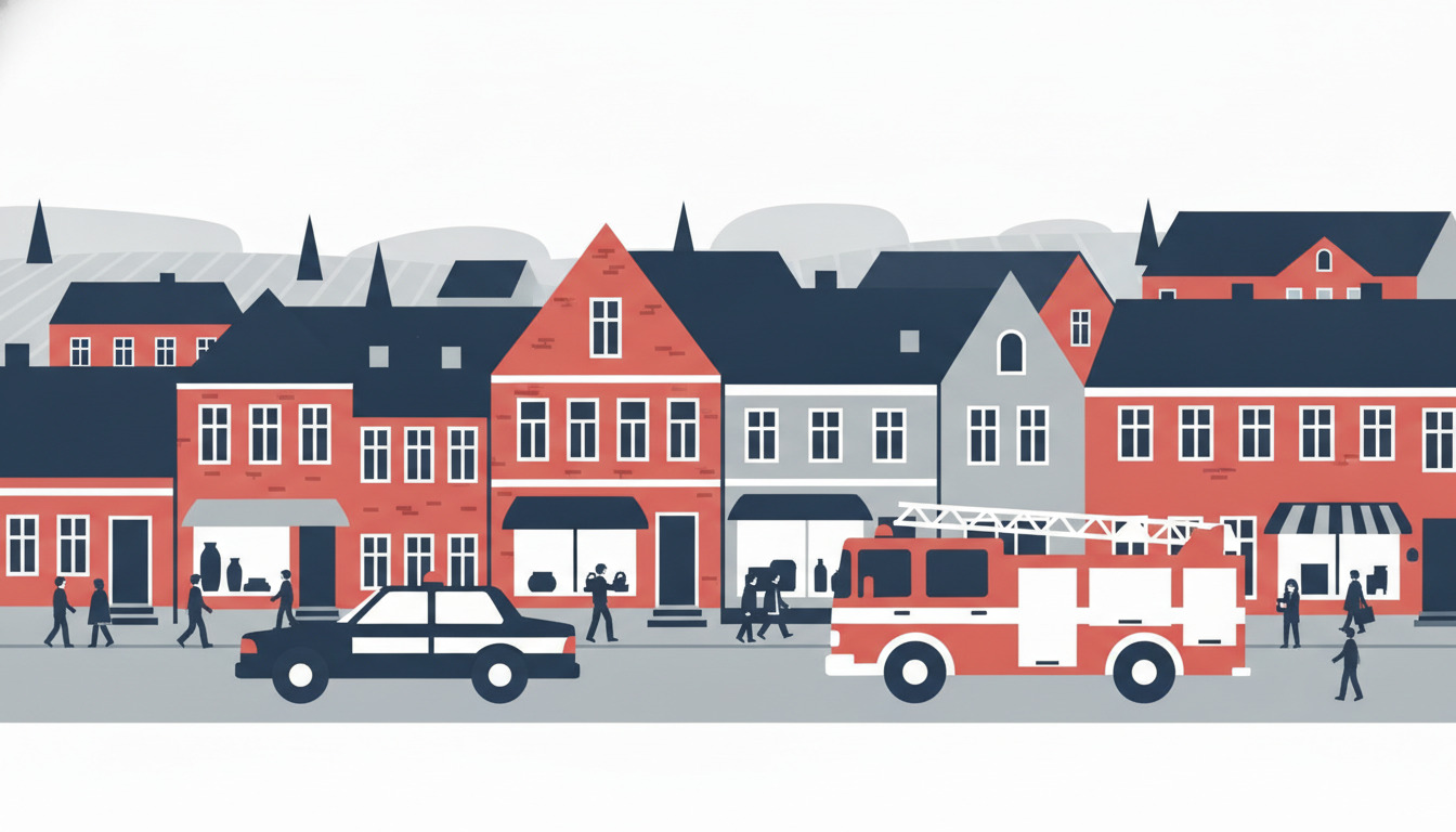 Flad vektorillustration af en dansk bygatekig fra Ryomgård med en politibil og brandsluskebil parkeret på gaden, røde og grå boligbygninger, fodgængere og kirketårne i baggrunden.